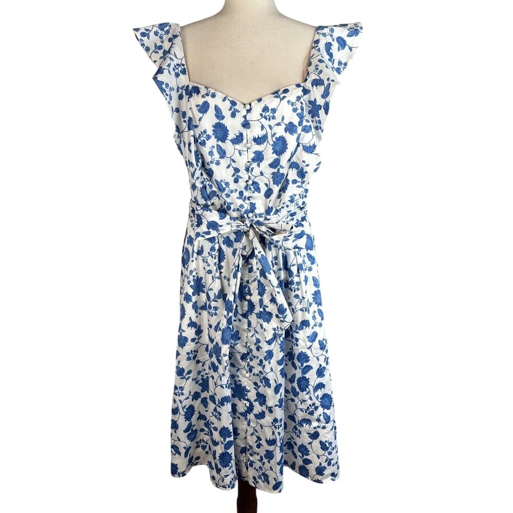 Gal Meets Glam Olivia Dress Size 14 Blue White Floral Ruffle Sleeve Pockets Belt